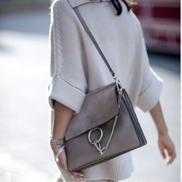 CHLOE Calfskin Suede Medium Faye Shoulder Bag Motty Grey - Picture 1 of 16